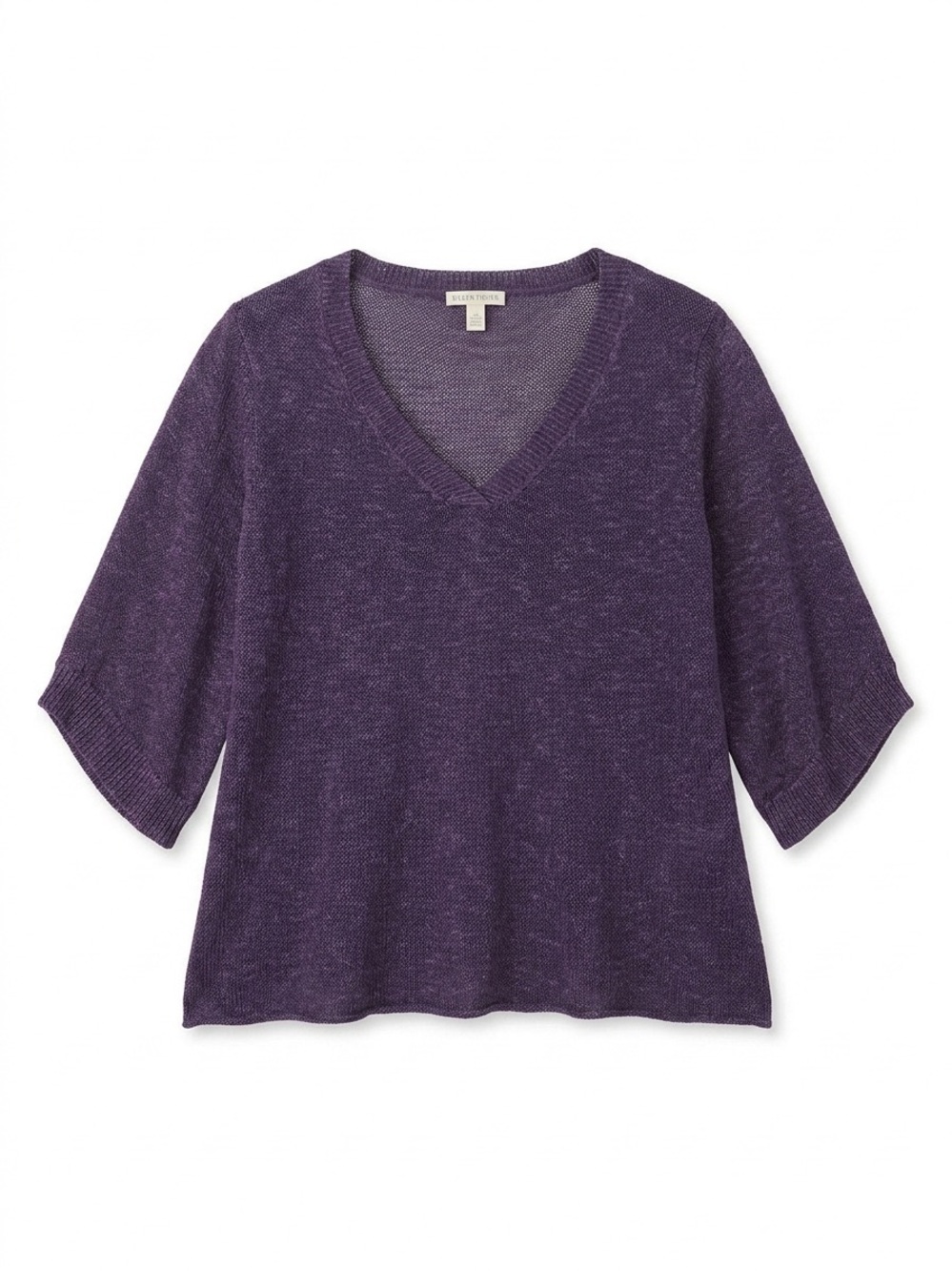 Eileen Fisher Deep Purple V-Neck Lightweight Knit Short Sleeve Sweater